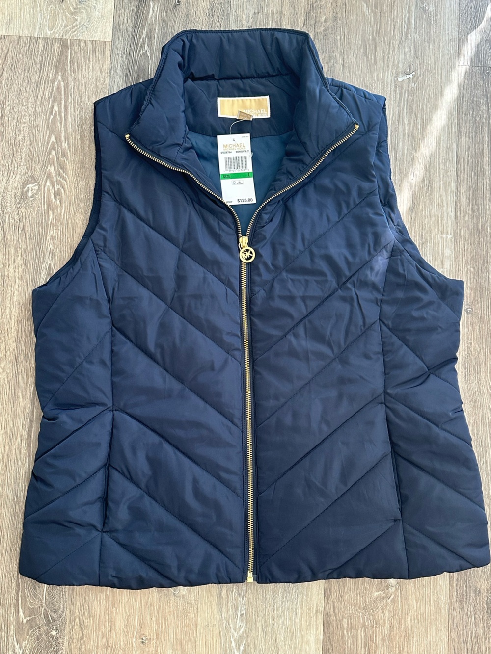 NWT Michael Kors Chevron Quilted Puffer Vest Navy Blue Size L